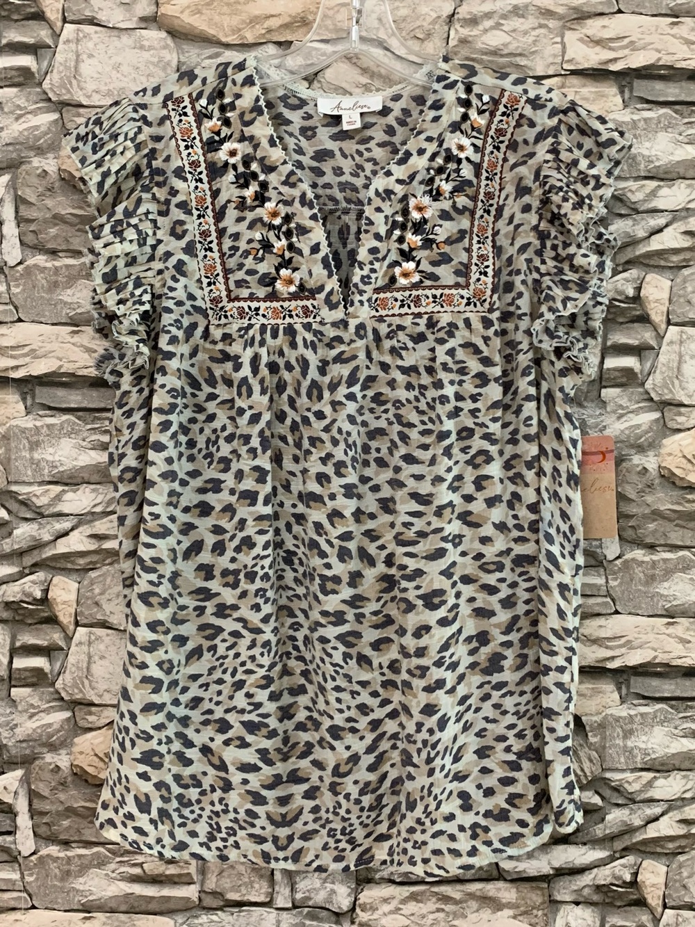 #10 NWT Anneliese Boho Embroidered Cheetah Flutter Ruffle Sleeveless Blouse Top - Picture 2 of 4